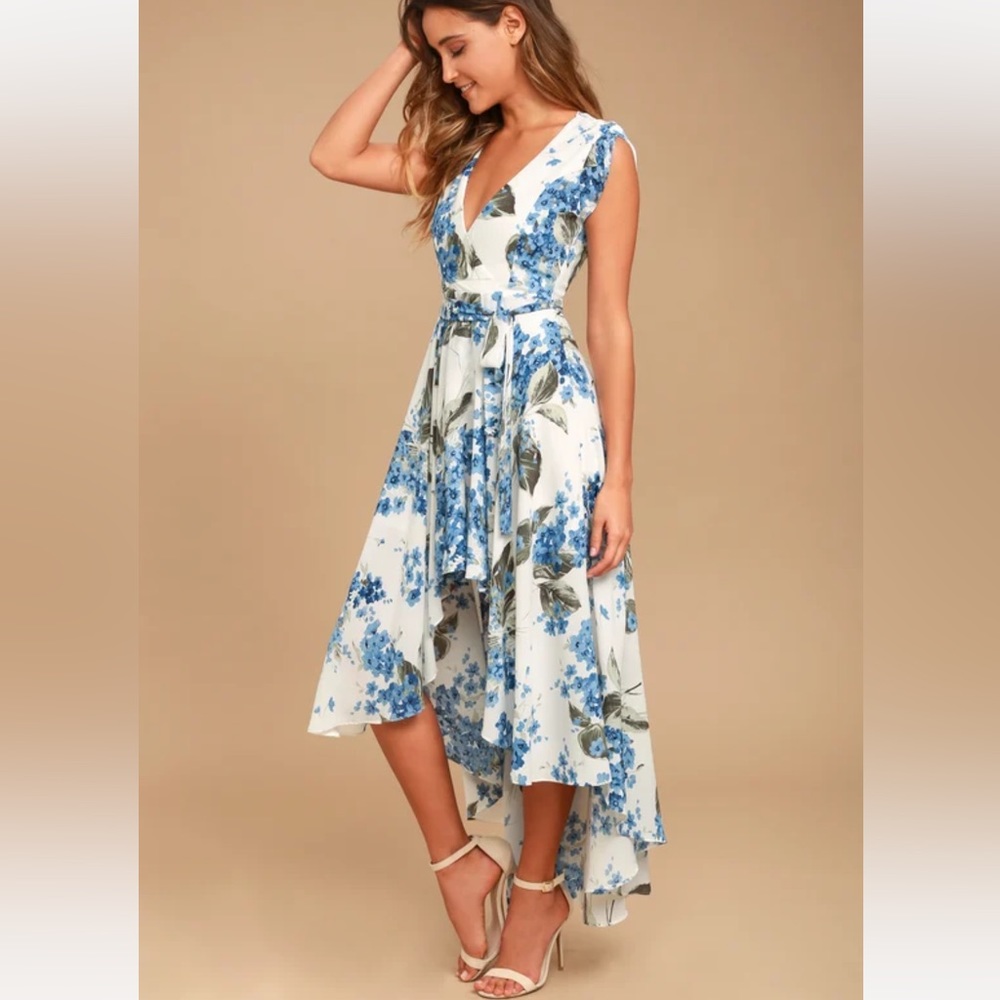 LULUS French Countryside White Floral Print High-Low Dress XS